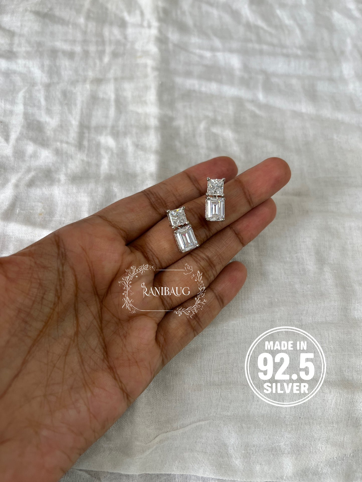 Celeste Emerald Cut 92.5 Silver Diamond Ear Studs By Ranibaug