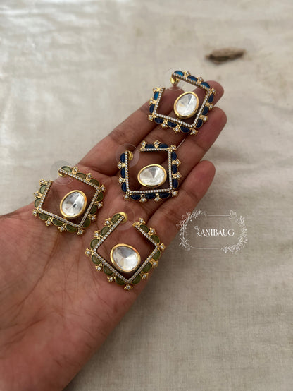 Chaarvi Square Stud Earrings Featuring Polki Center Stone In Premium Gold Plating By Ranibaug | Trendy Ear Stud Earrings