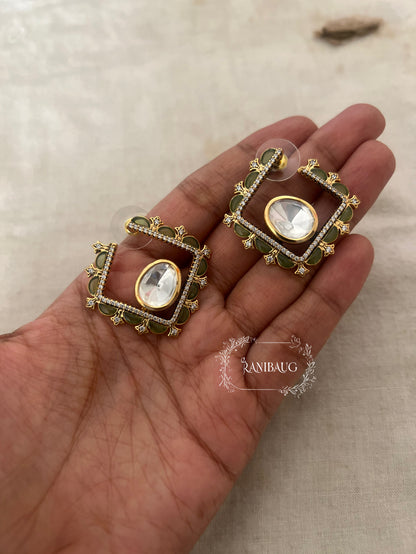 Chaarvi Square Stud Earrings Featuring Polki Center Stone In Premium Gold Plating By Ranibaug | Trendy Ear Stud Earrings