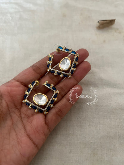 Chaarvi Square Stud Earrings Featuring Polki Center Stone In Premium Gold Plating By Ranibaug | Trendy Ear Stud Earrings