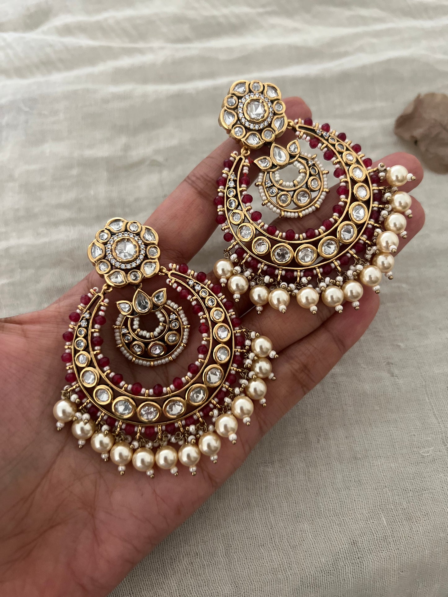 Chaav Artistic Pearl Kundan Gold Plated Chandbalis | Ranibaug