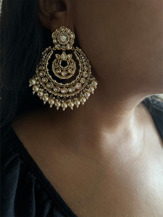 Chaav Artistic Pearl Kundan Gold Plated Chandbalis | Ranibaug