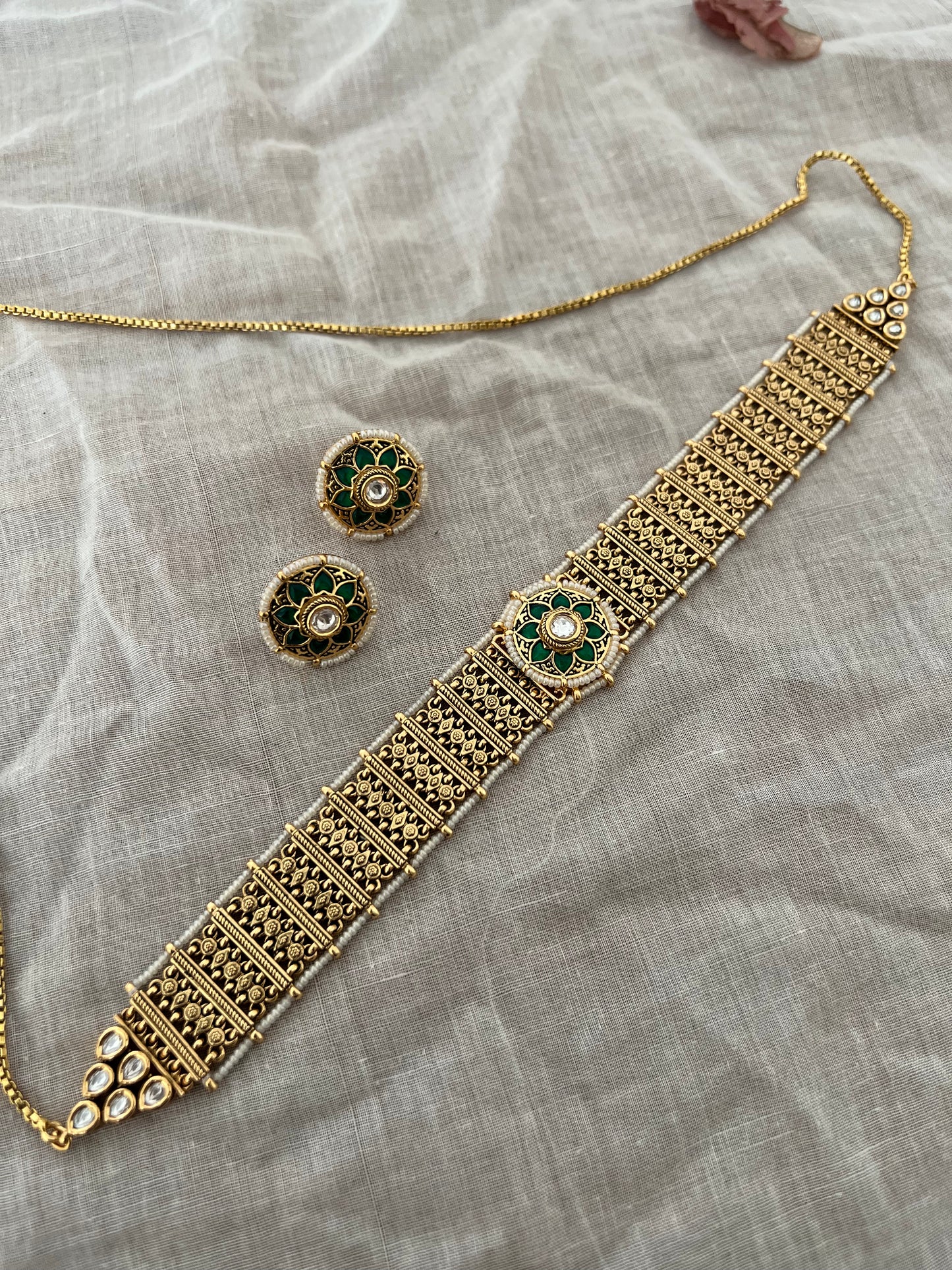 Chaitali Rich Heritage Gold Finish Enamel  Flower Motif Choker Jewellery Set For Indian Outfits By Ranibaug (No Photo)