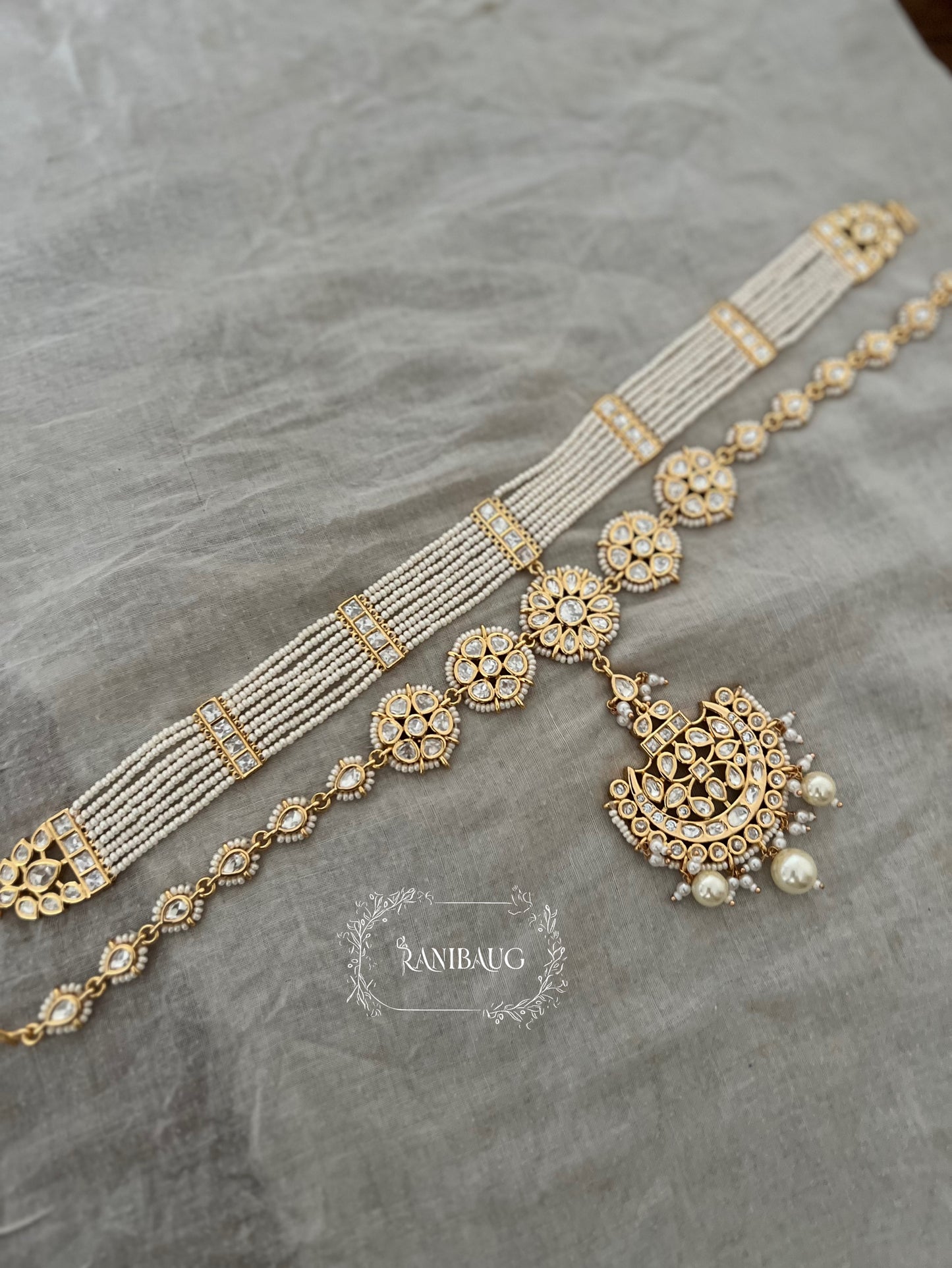 Chandanbala Dual Layered Premium Gold Finish Pearl Accented Sheesh Phool Matha Patti By Ranibaug