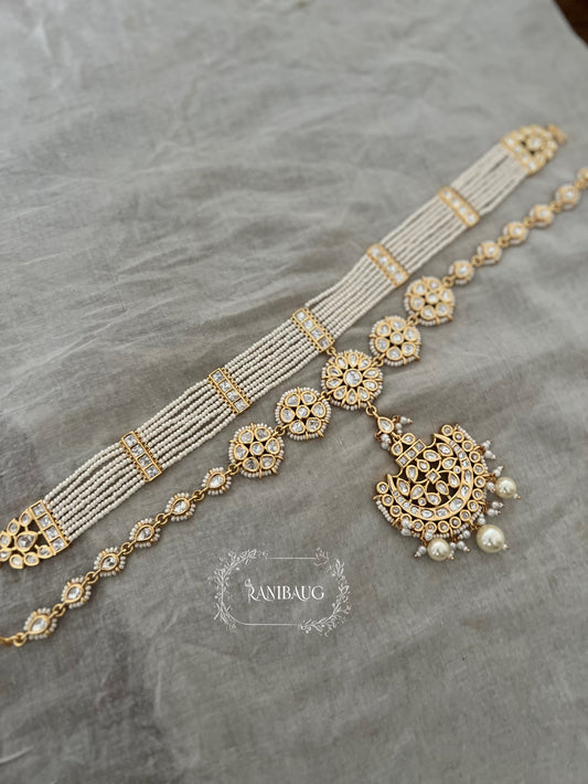 Chandanbala Dual Layered Premium Gold Finish Pearl Accented Sheesh Phool Matha Patti By Ranibaug