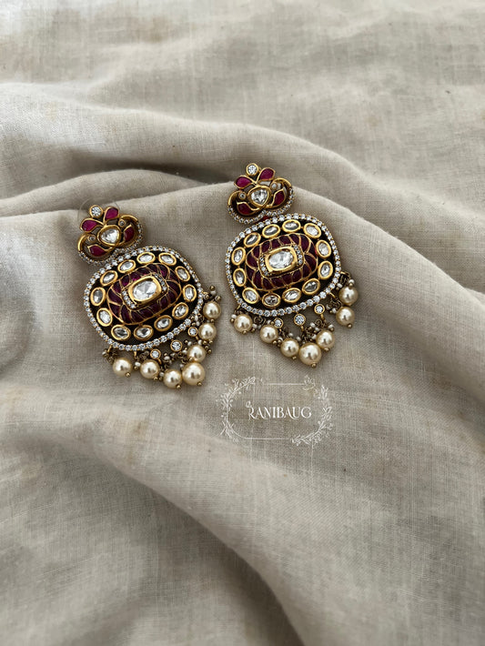Chandanbala Polki Studded Gold Plated Festive Earrings With Dangling Pearl Fringe By Ranibaug