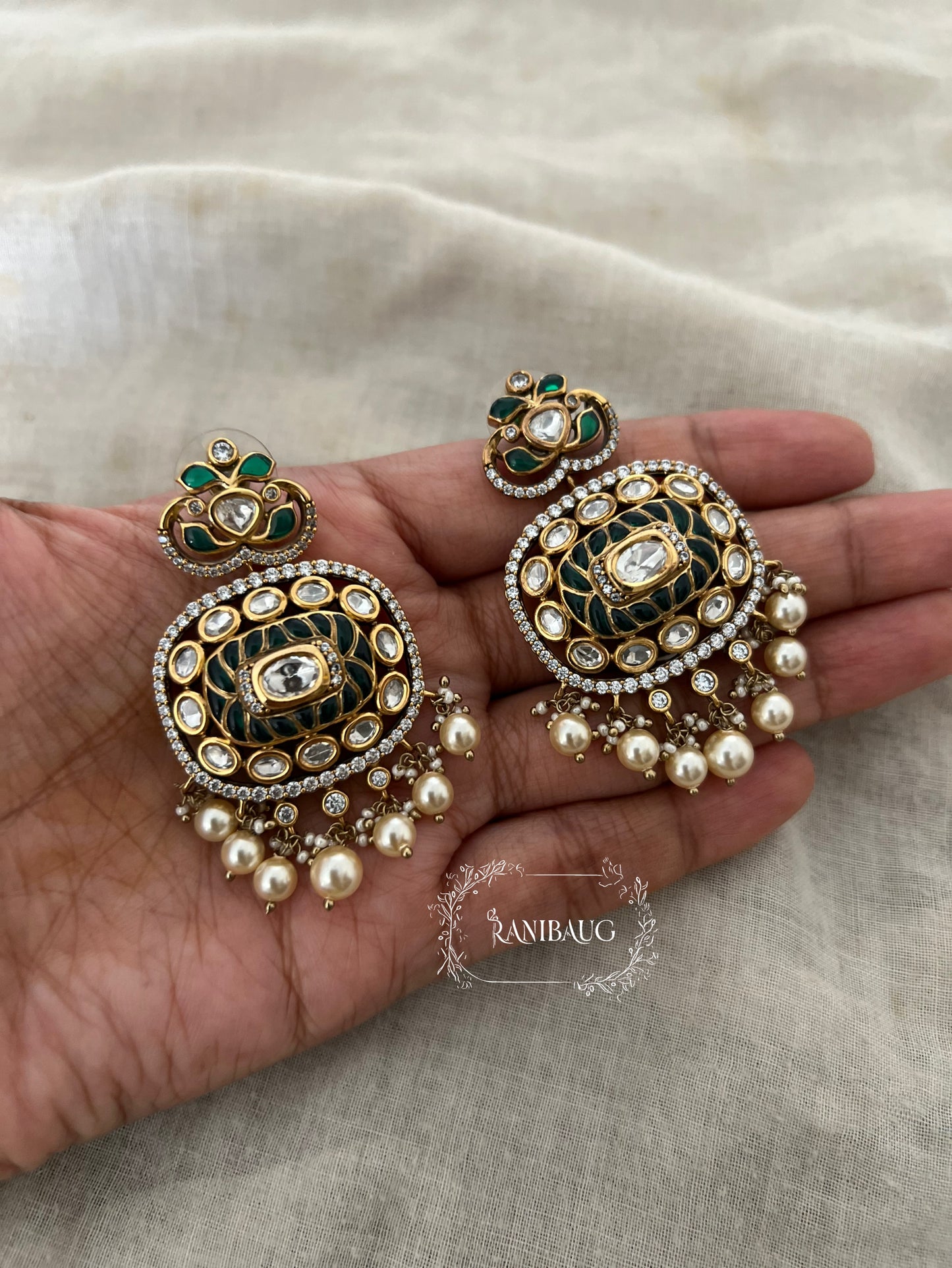 Chandanbala Polki Studded Gold Plated Festive Earrings With Dangling Pearl Fringe By Ranibaug