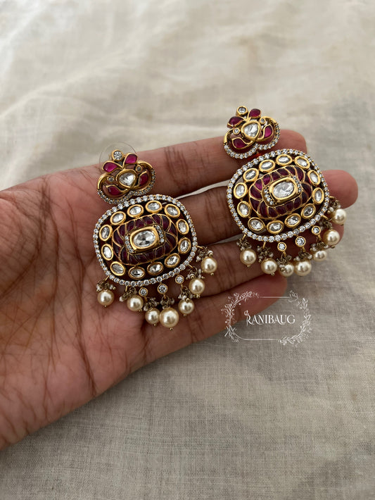 Chandanbala Polki Studded Gold Plated Festive Earrings With Dangling Pearl Fringe By Ranibaug