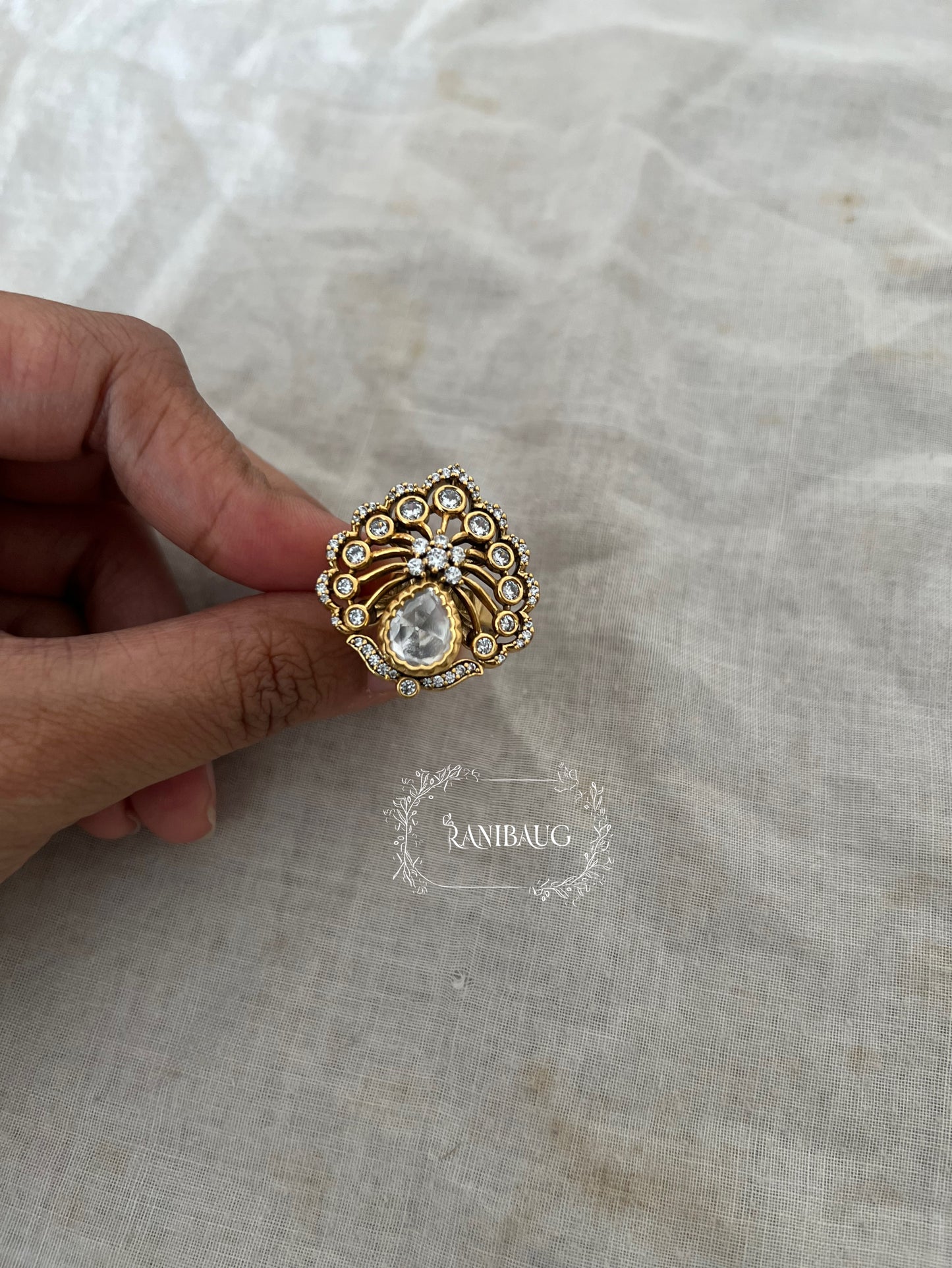 Chandni Floral Bloom Burst Vintage Polki Royal Gold Finish Premium Ring Jewelry By Ranibaug