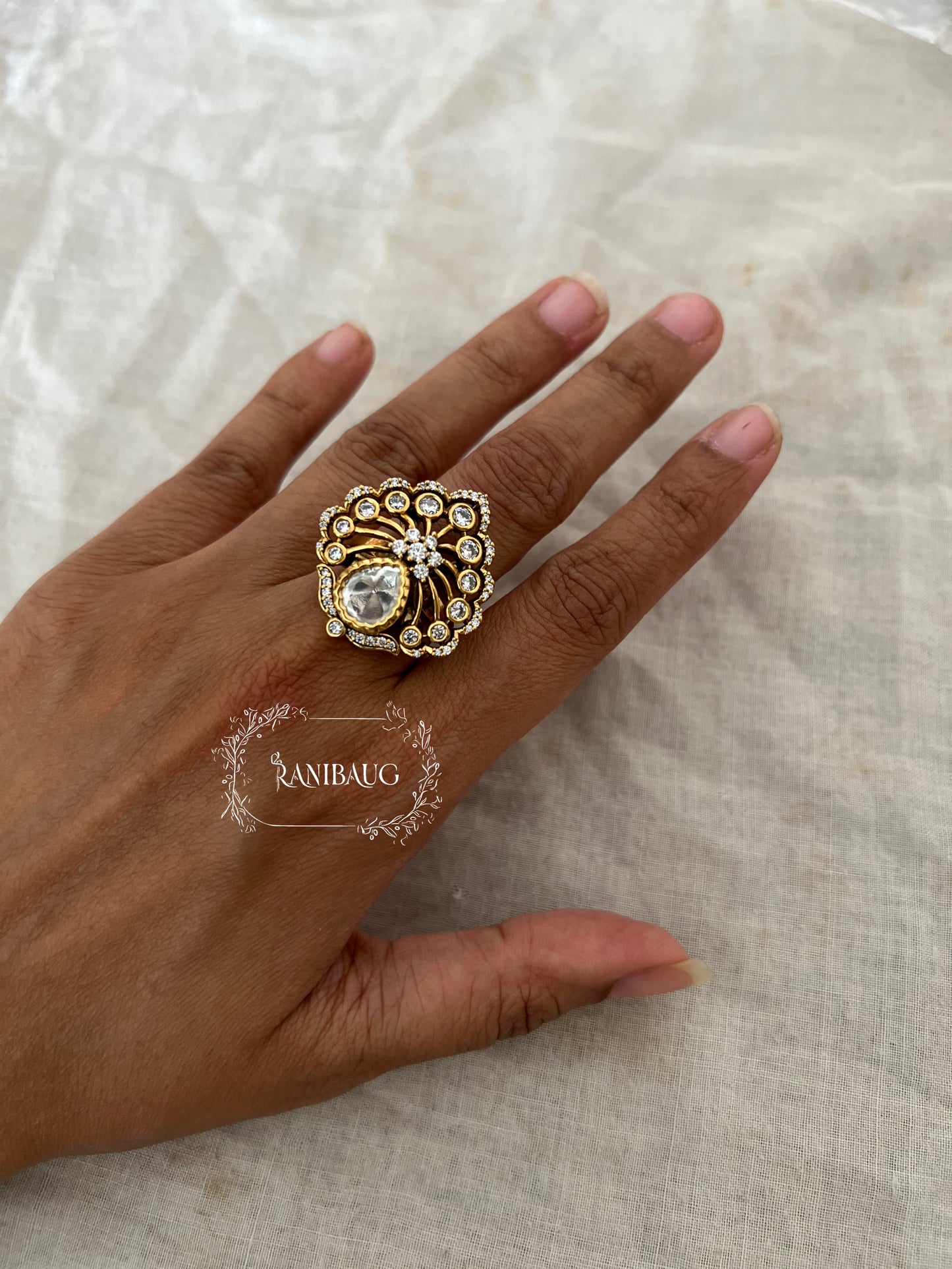 Chandni Floral Bloom Burst Vintage Polki Royal Gold Finish Premium Ring Jewelry By Ranibaug