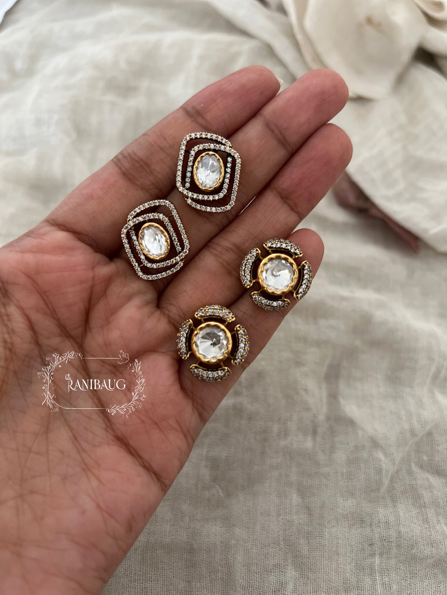 Chandni Kundan Motif Geometric Diamond Stud Earrings By Ranibaug