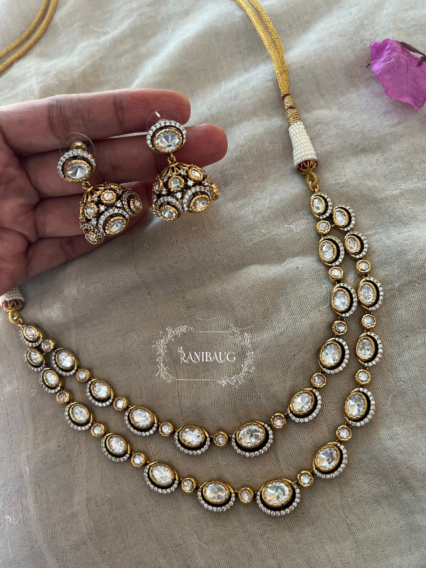 Chandni Polki Kundan Doladi Necklace With Jhumkis By Ranibaug