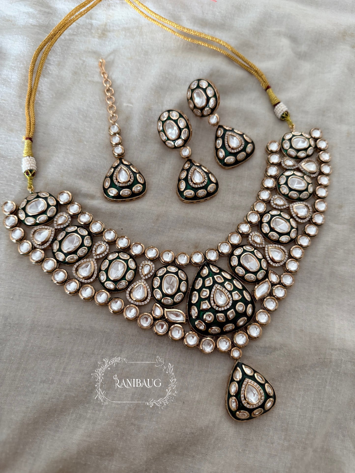 Chandni Polki Kundan Studded Matte Gold Finish Wedding Jewellery Set With Maang Tikka By Ranibaug