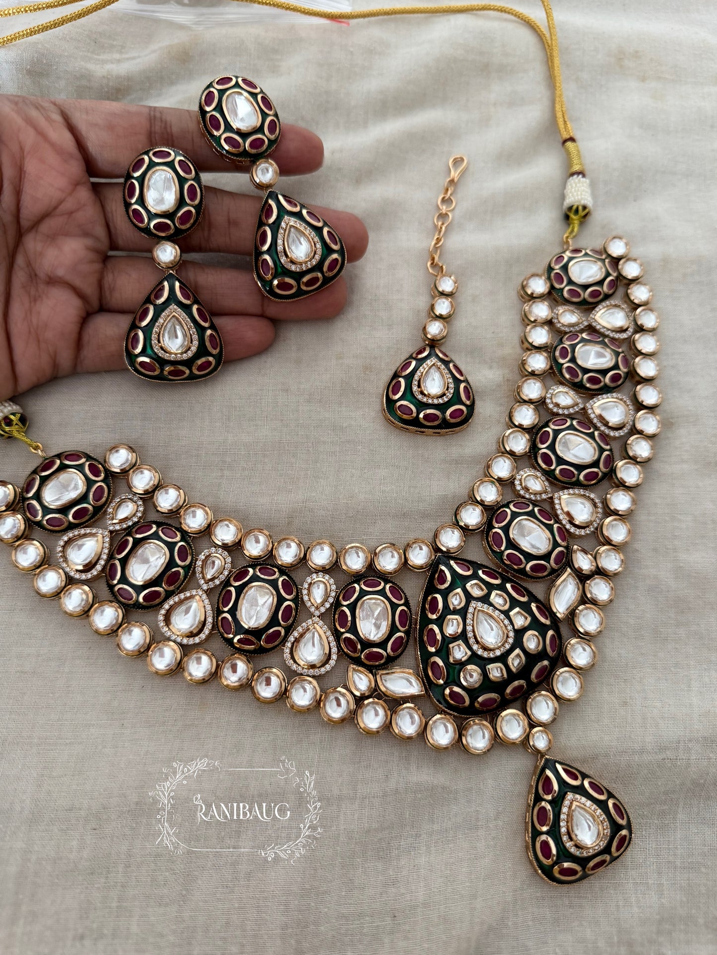 Chandni Polki Kundan Studded Matte Gold Finish Wedding Jewellery Set With Maang Tikka By Ranibaug