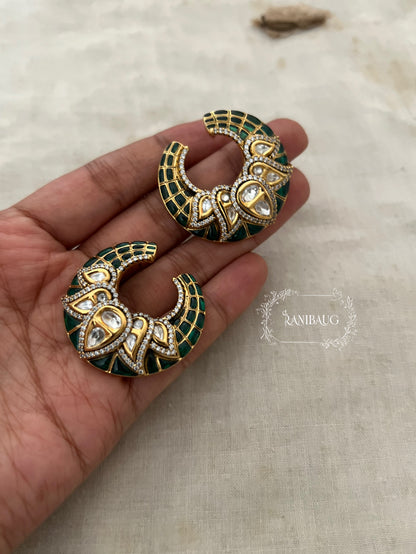 Chandrakala Polki Kundan And Enamel Gold Plated Stud Earrings By Ranibaug | Moon Crescent Ear Studs