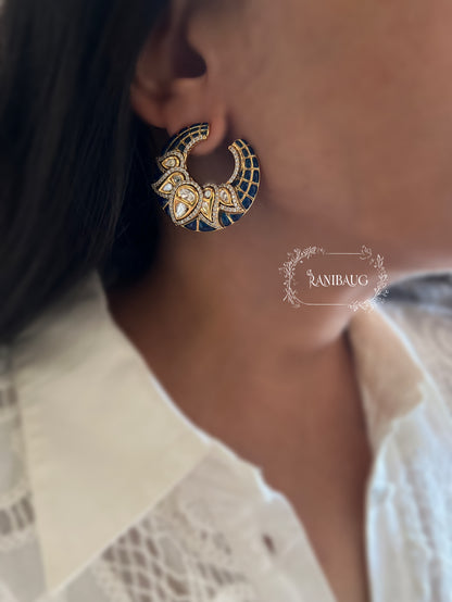 Chandrakala Polki Kundan And Enamel Gold Plated Stud Earrings By Ranibaug | Moon Crescent Ear Studs