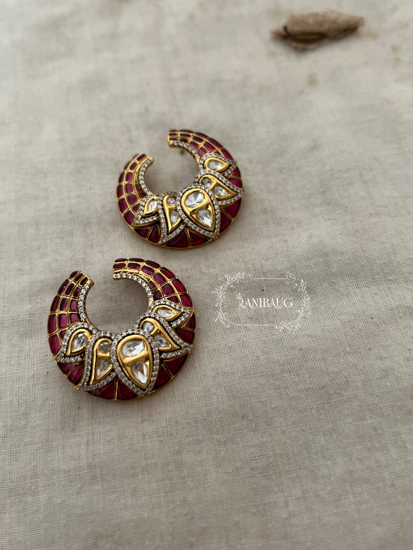 Chandrakala Polki Kundan And Enamel Gold Plated Stud Earrings By Ranibaug | Moon Crescent Ear Studs