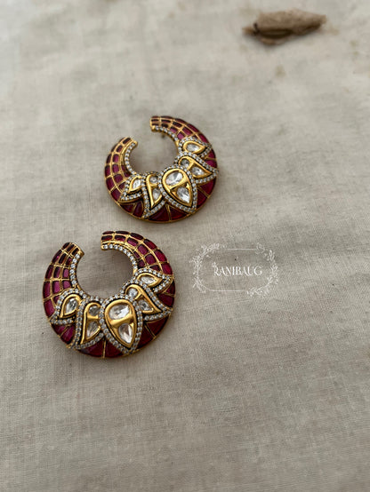 Chandrakala Polki Kundan And Enamel Gold Plated Stud Earrings By Ranibaug | Moon Crescent Ear Studs
