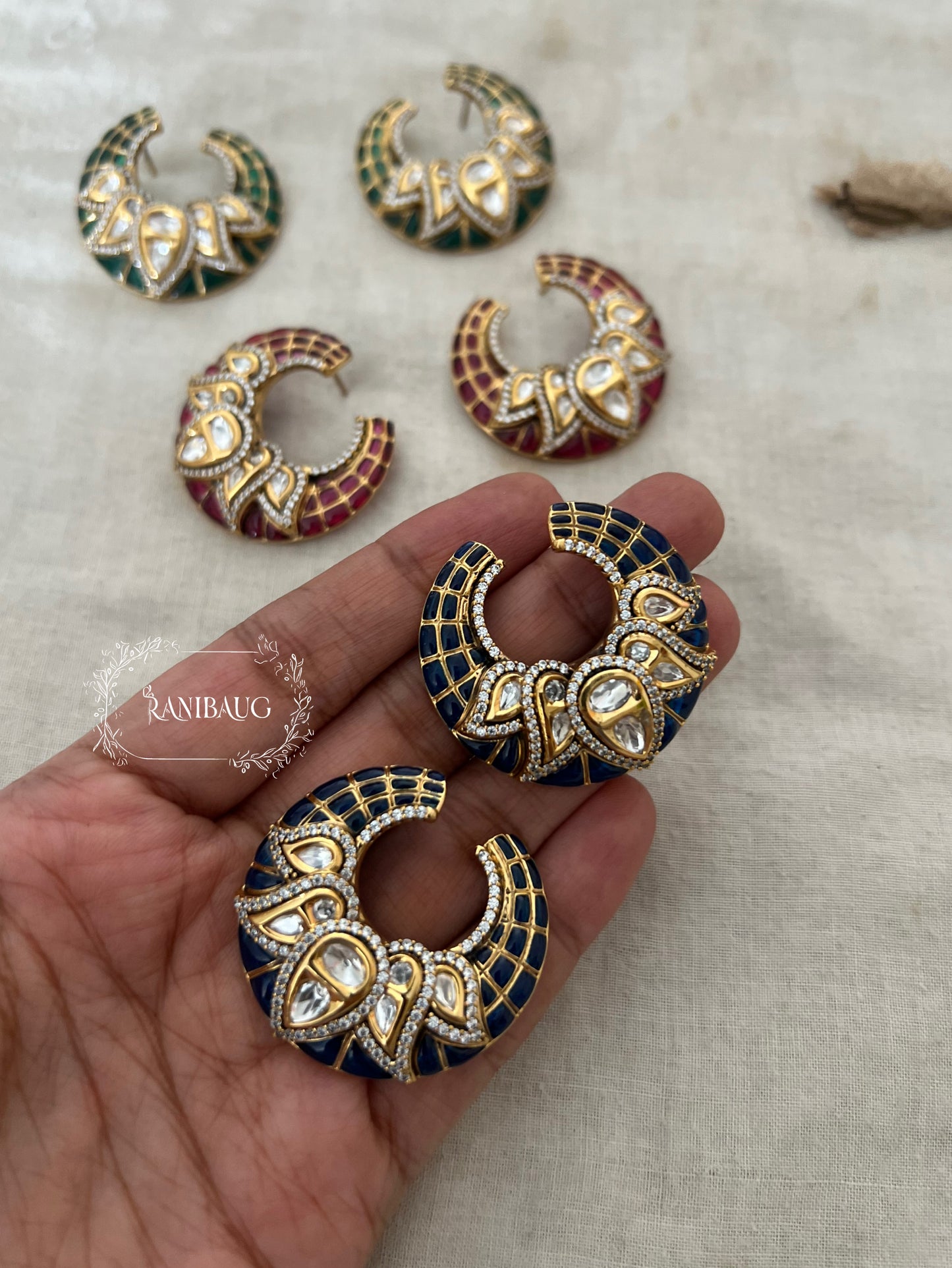 Chandrakala Polki Kundan And Enamel Gold Plated Stud Earrings By Ranibaug | Moon Crescent Ear Studs