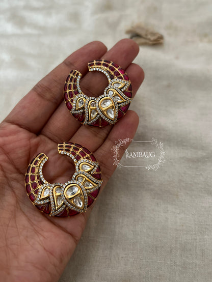 Chandrakala Polki Kundan And Enamel Gold Plated Stud Earrings By Ranibaug | Moon Crescent Ear Studs