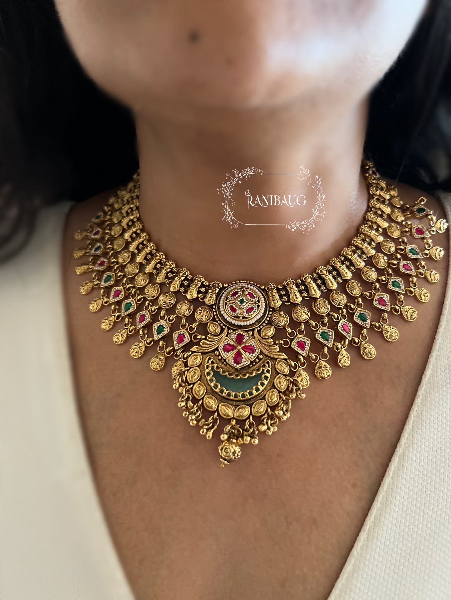 Chandrika Matt Gold Finish Classic Traditional Heritage Necklace Set By Ranibaug
