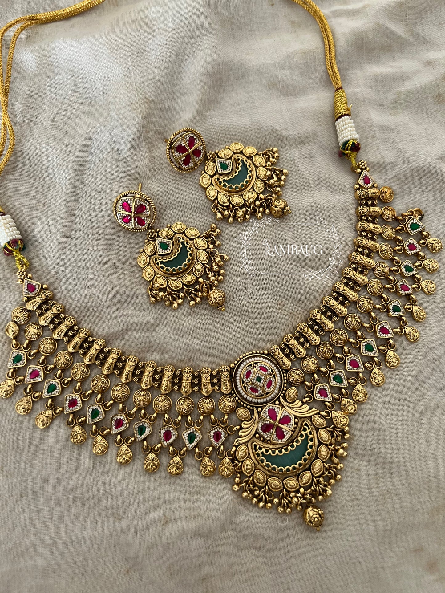 Chandrika Matt Gold Finish Classic Traditional Heritage Necklace Set By Ranibaug