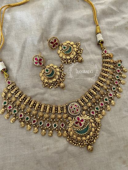 Chandrika Matt Gold Finish Classic Traditional Heritage Necklace Set By Ranibaug