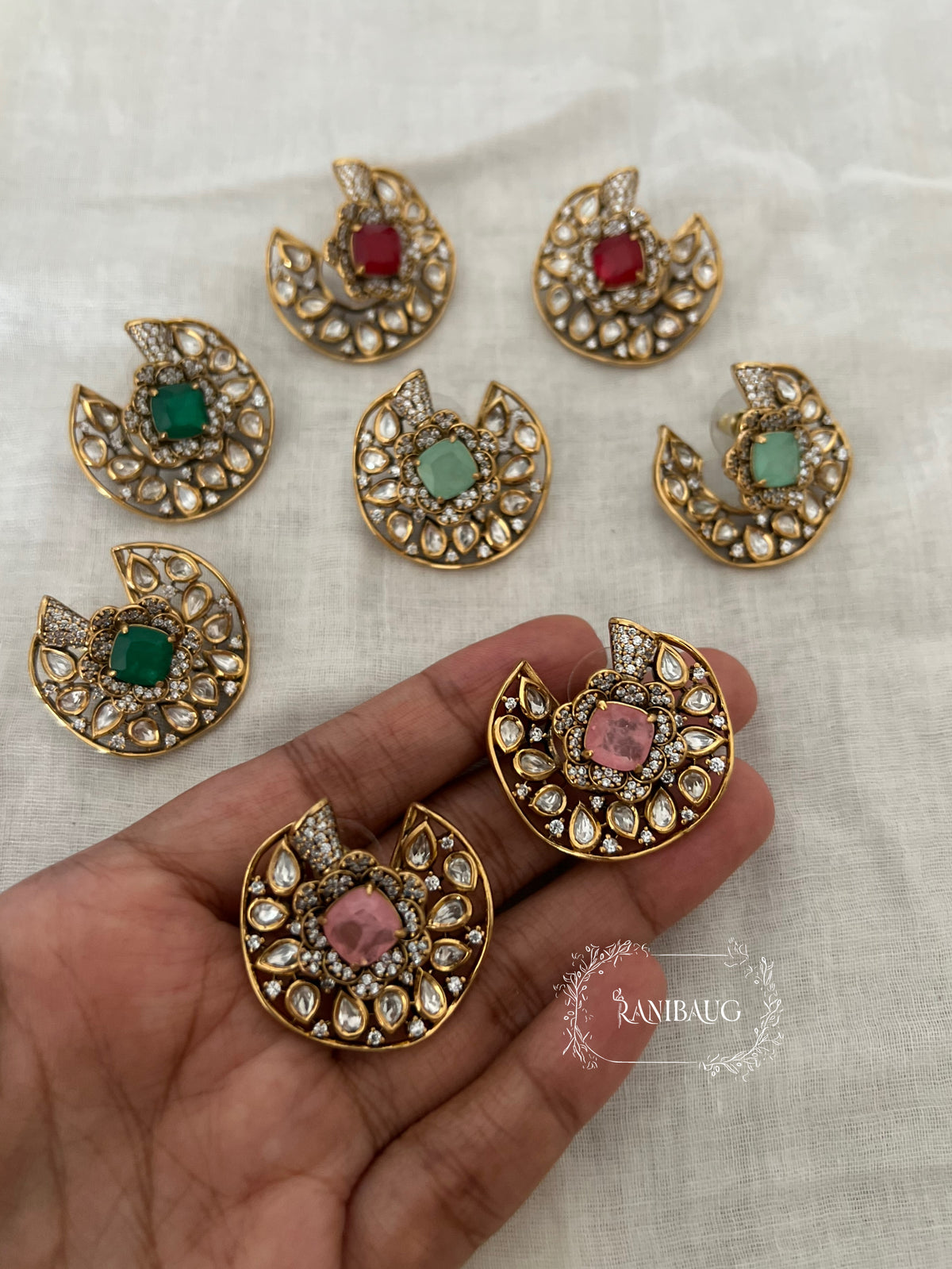 Chandrika Polki Gold Finish Statement Ear Studs By Ranibaug