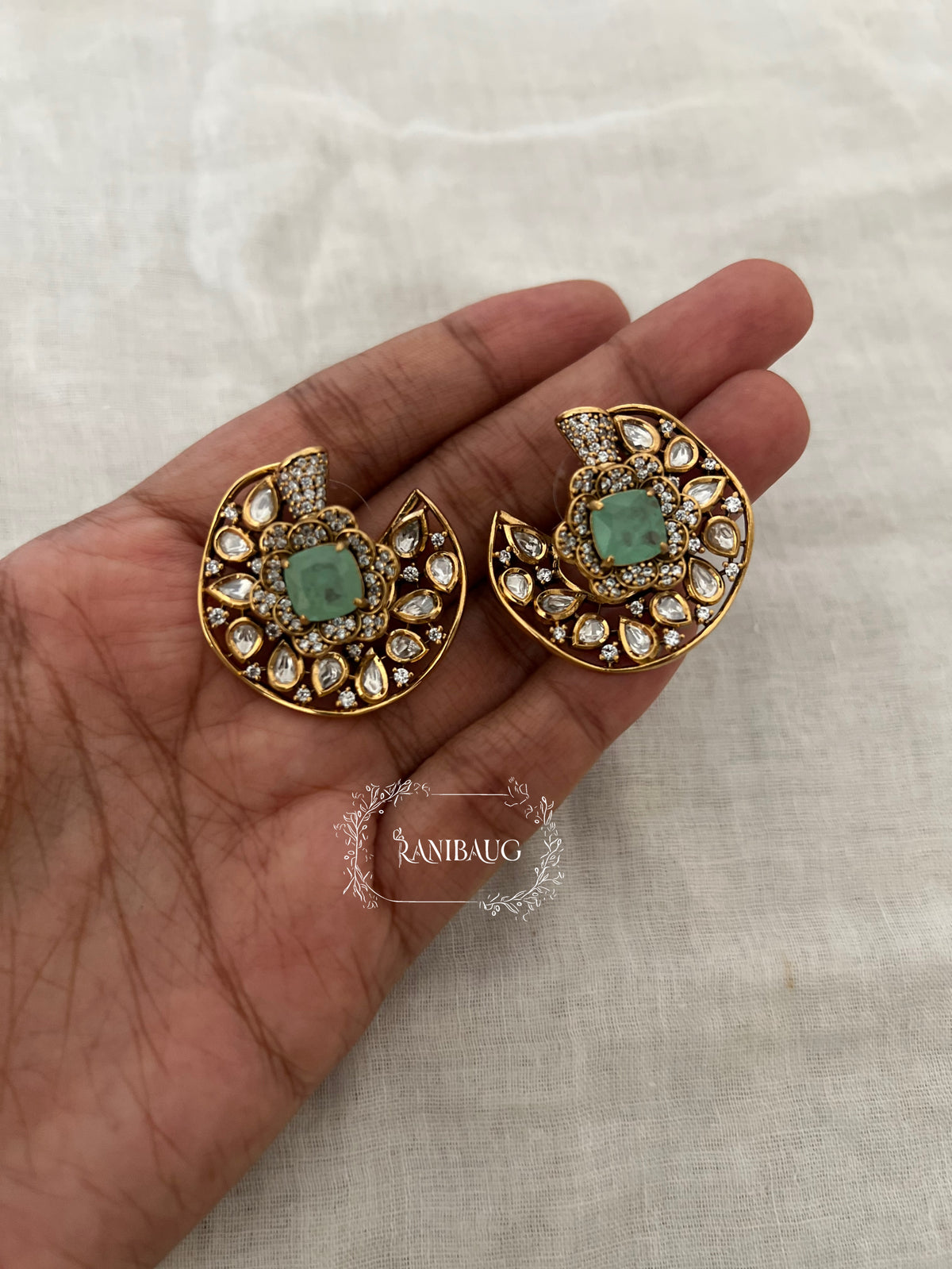 Chandrika Polki Gold Finish Statement Ear Studs By Ranibaug