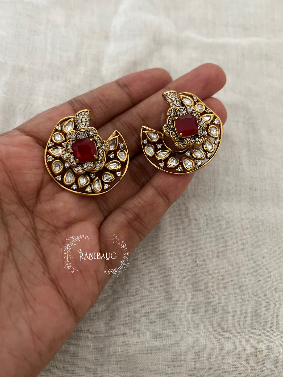 Chandrika Polki Gold Finish Statement Ear Studs By Ranibaug