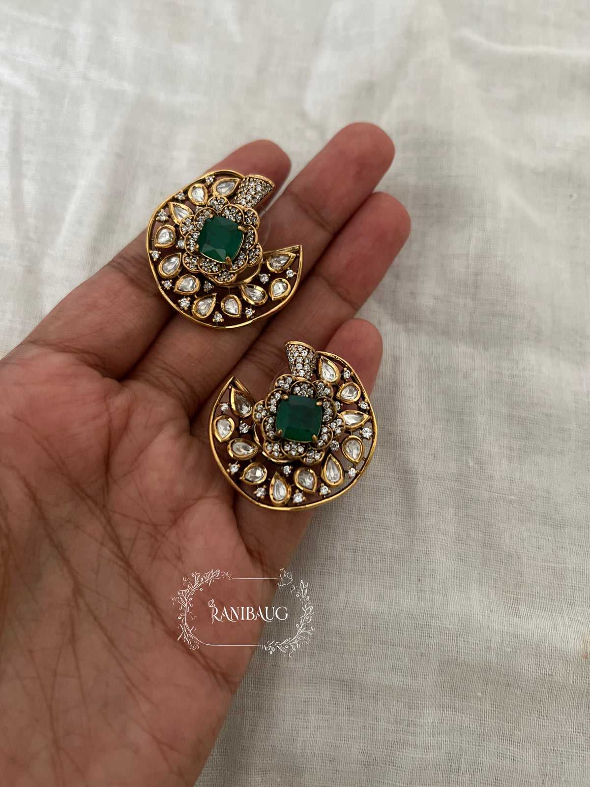 Chandrika Polki Gold Finish Statement Ear Studs By Ranibaug