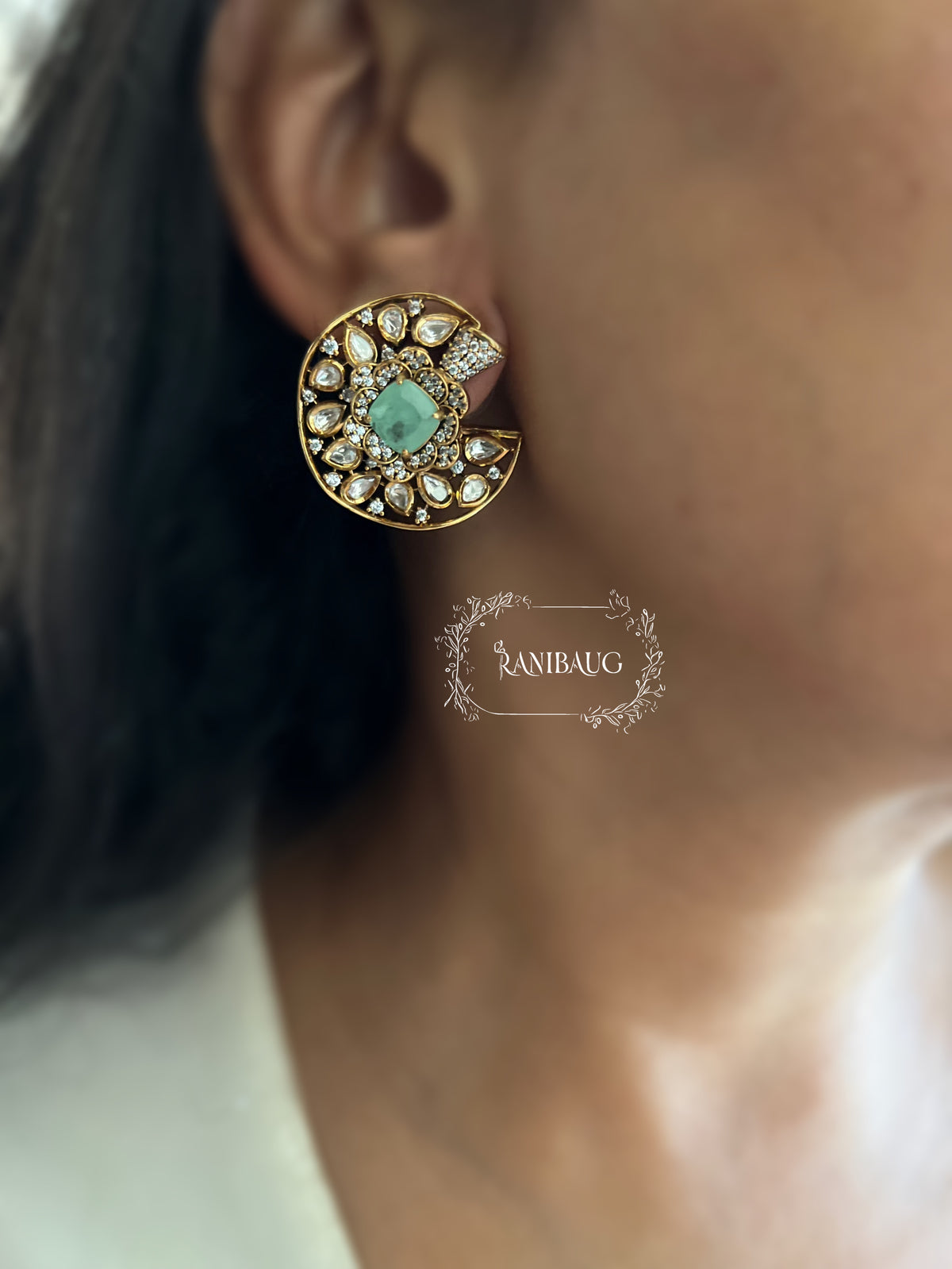 Chandrika Polki Gold Finish Statement Ear Studs By Ranibaug