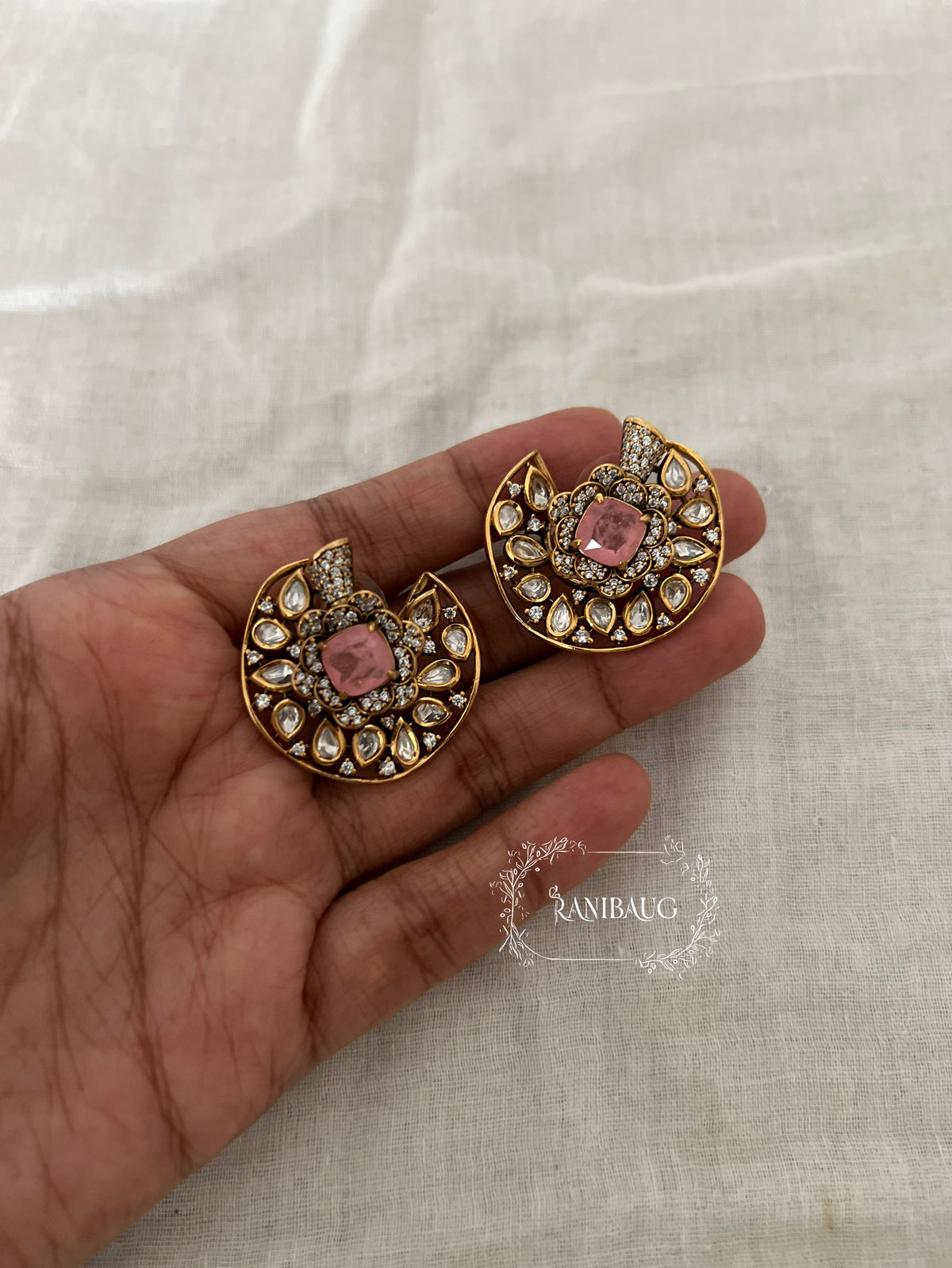 Chandrika Polki Gold Finish Statement Ear Studs By Ranibaug
