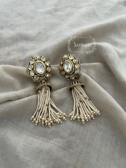 Chandrima Antique Gold Finish Polki Studded Pearl Fringe Tassel Designer Earrings Jewelry By Ranibaug