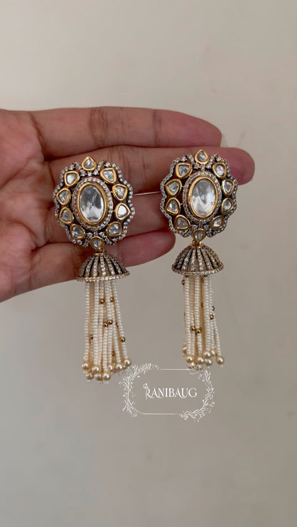 Chandrima Antique Gold Finish Polki Studded Pearl Fringe Tassel Designer Earrings Jewelry By Ranibaug