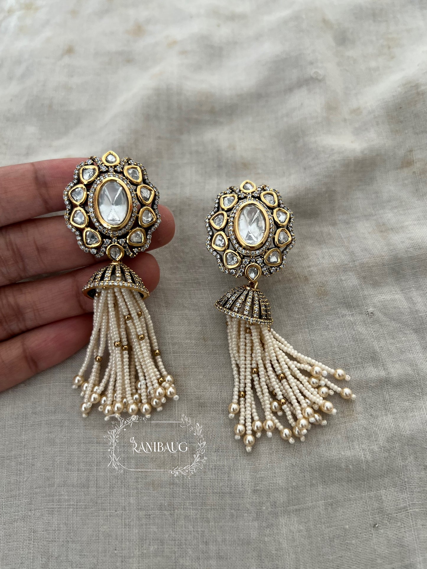 Chandrima Antique Gold Finish Polki Studded Pearl Fringe Tassel Designer Earrings Jewelry By Ranibaug