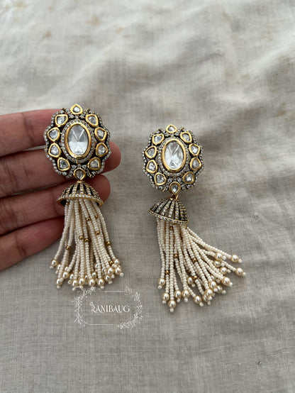 Chandrima Antique Gold Finish Polki Studded Pearl Fringe Tassel Designer Earrings Jewelry By Ranibaug