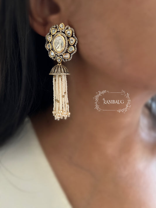 Chandrima Antique Gold Finish Polki Studded Pearl Fringe Tassel Designer Earrings Jewelry By Ranibaug