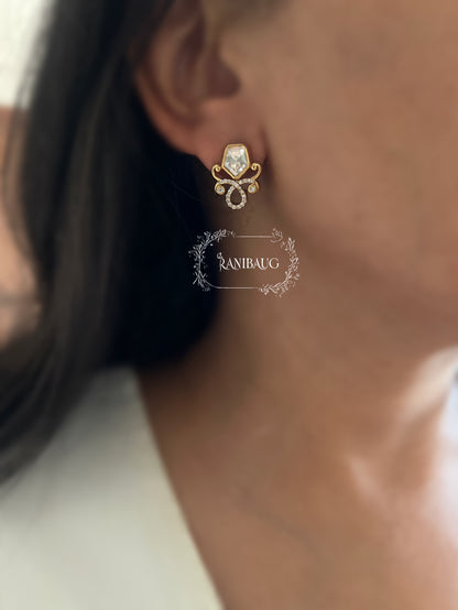 Charulata Floral Designer Gold Finish Polki Ear Studs By Ranibaug