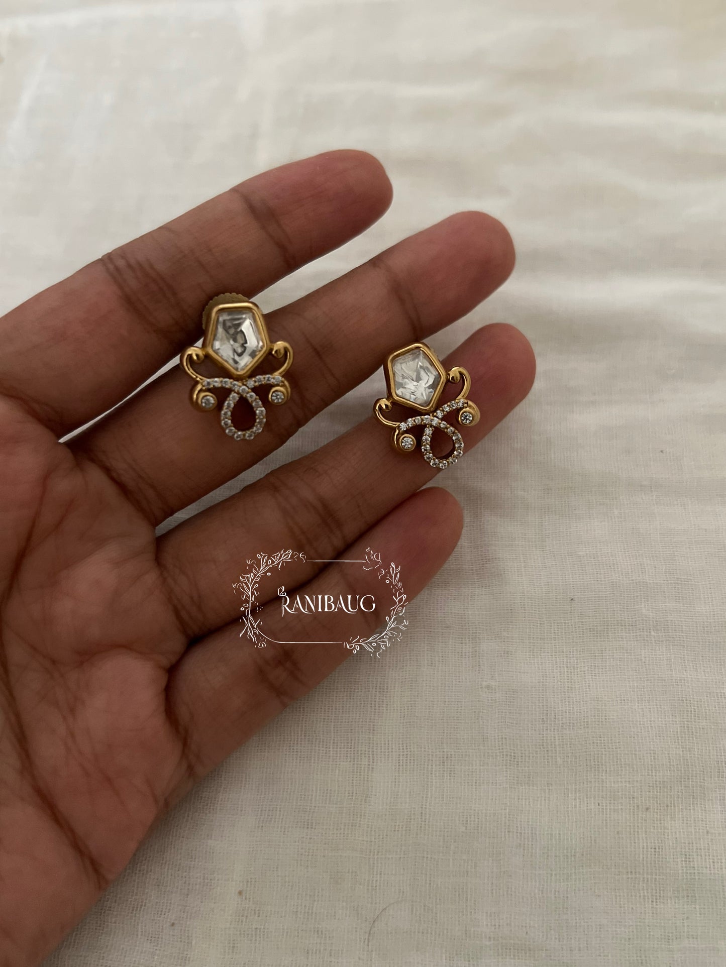Charulata Floral Designer Gold Finish Polki Ear Studs By Ranibaug