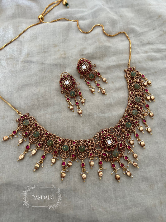 Charuvalli Intricate Antique Gold Finish Designer Heritage Jewellery By Ranibaug