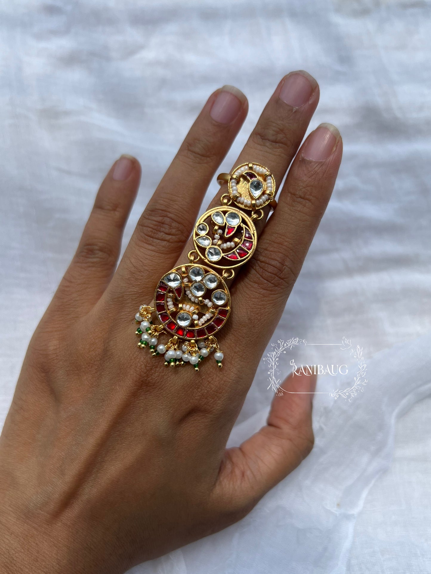 Charuvalli Unique Layered Heritage Finger Ring By Ranibaug In Paachi Kundan Work