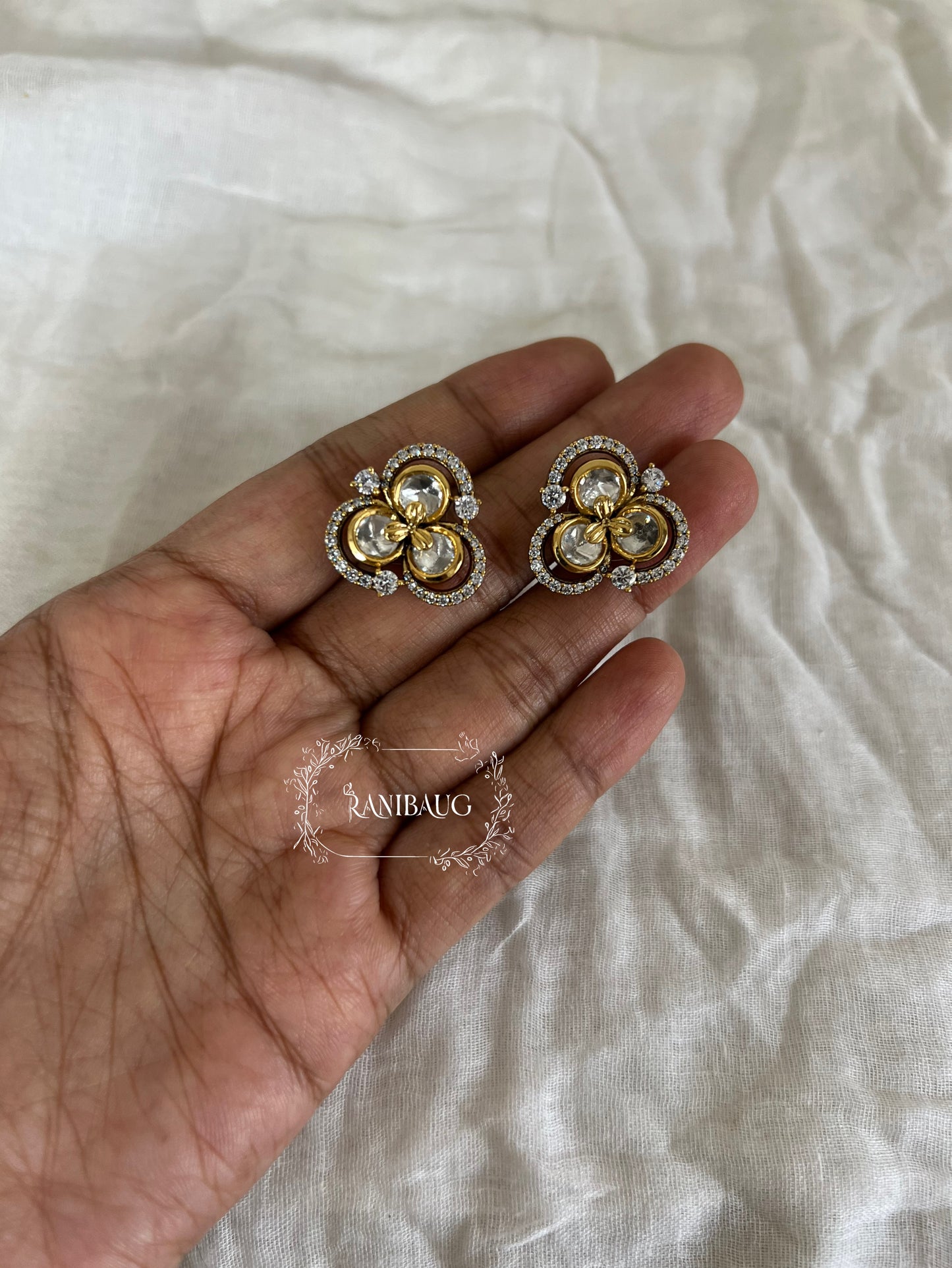 Charvi Polki Clover Kundan Zirconia Classic Stud Earrings By Ranibaug