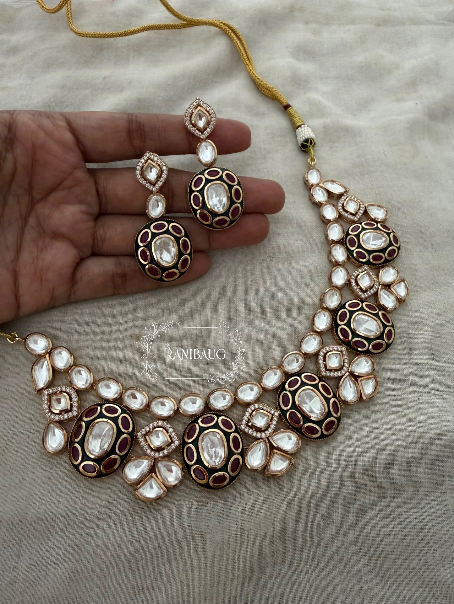 Charvi Polki Kundan Studded Matt Gold Finish Necklace Set By Ranibaug