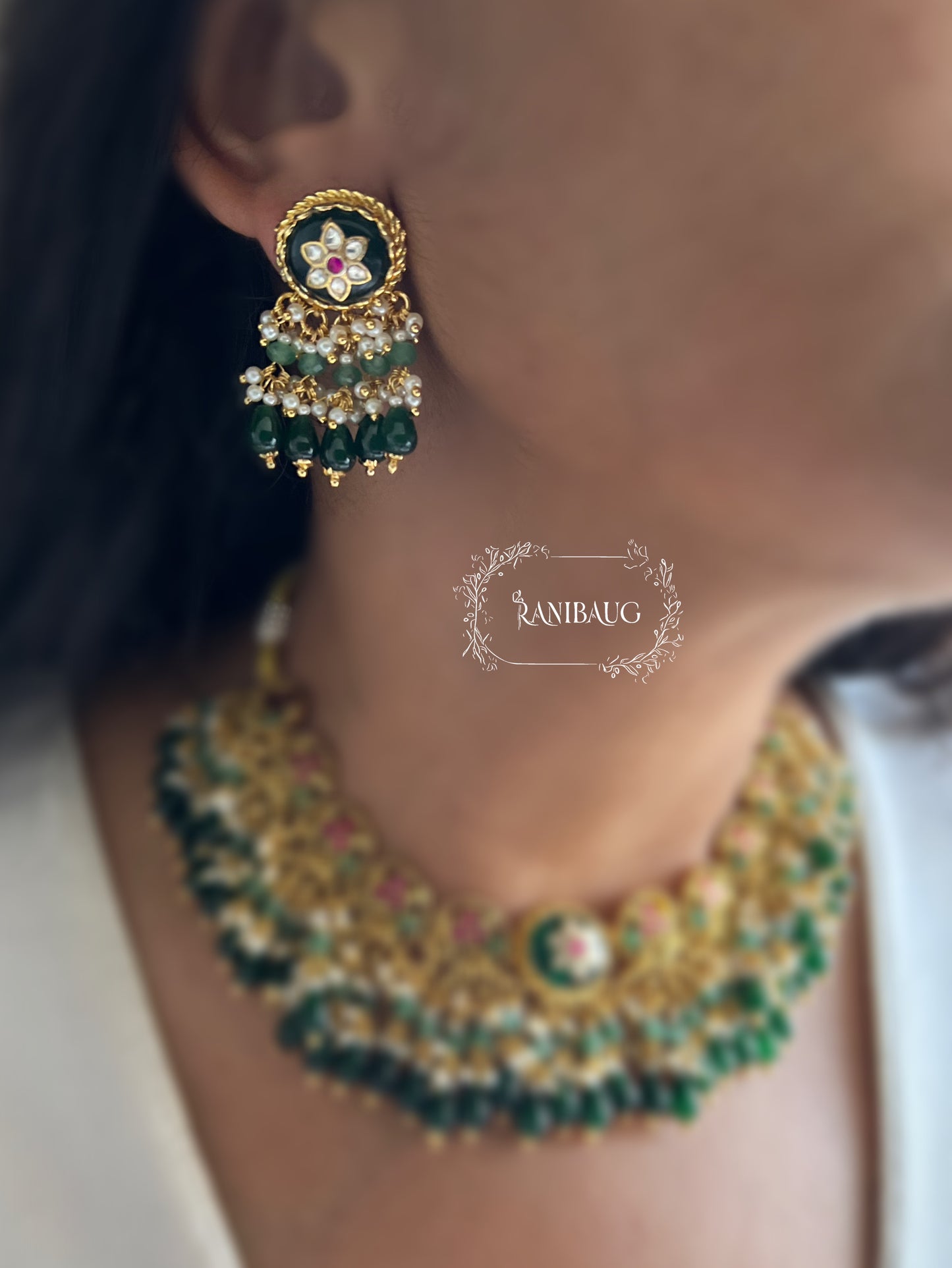 Chavvi Deep Emerald Green Floral Motif Beaded And Pearl Adorned Premium Gold Finish Unique Designer Heritage Set By Ranibaug