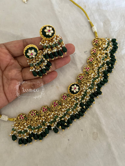 Chavvi Deep Emerald Green Floral Motif Beaded And Pearl Adorned Premium Gold Finish Unique Designer Heritage Set By Ranibaug