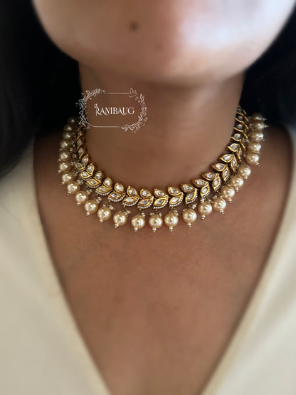 Chaya Leaf Kundan And Pearl Necklace Set In Rich Gold Finish By Ranibaug | Wedding Necklace Jewelry