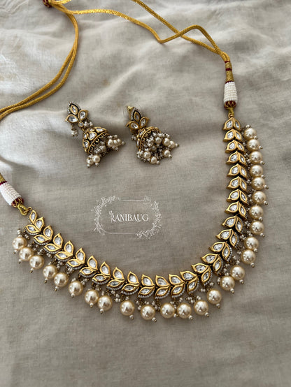 Chaya Leaf Kundan And Pearl Necklace Set In Rich Gold Finish By Ranibaug | Wedding Necklace Jewelry