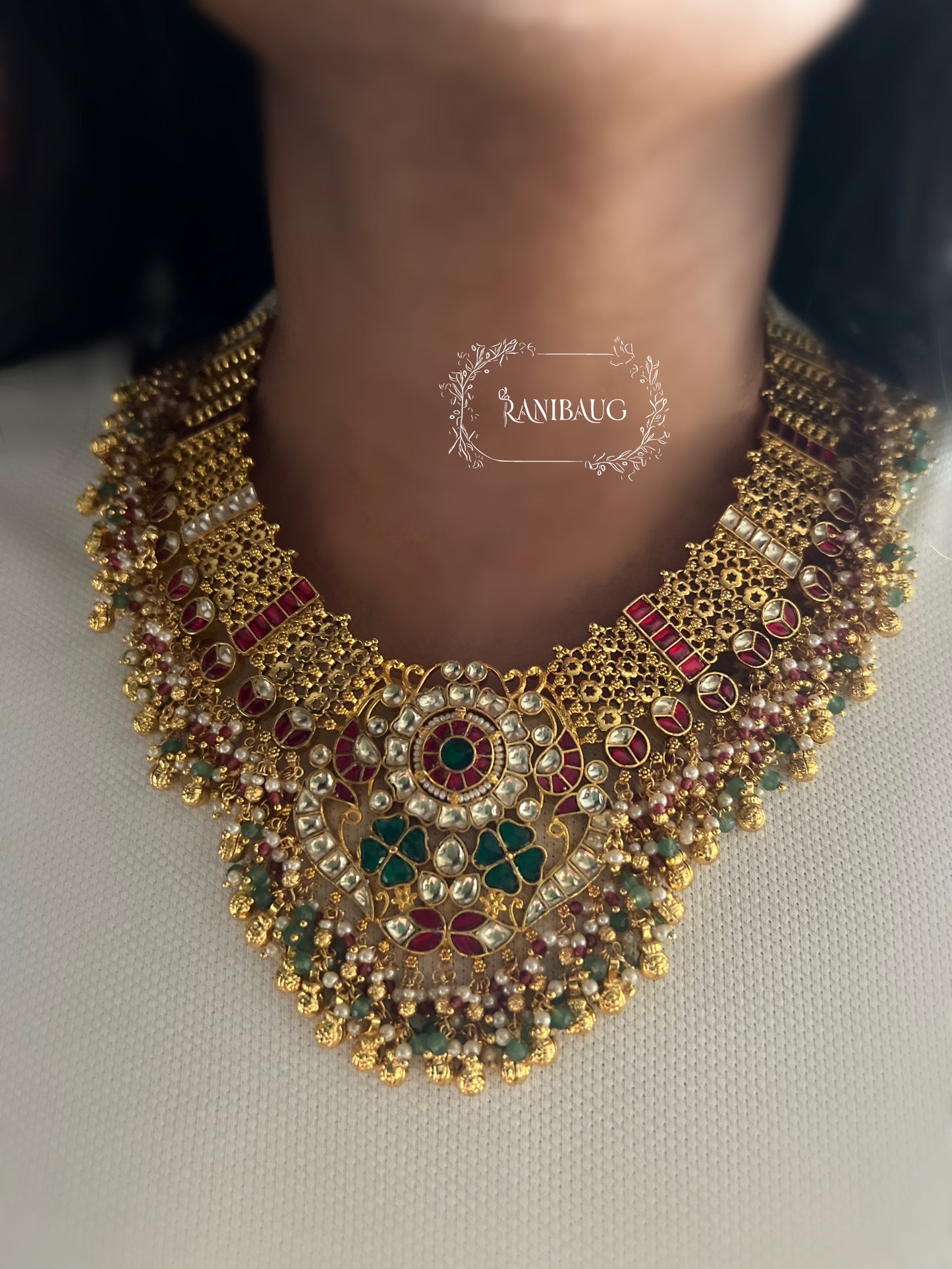 Chitra Floral Motifs Vintage Style Intricate Paachi Kundan Work Beaded Heritage Necklace Set By Ranibaug