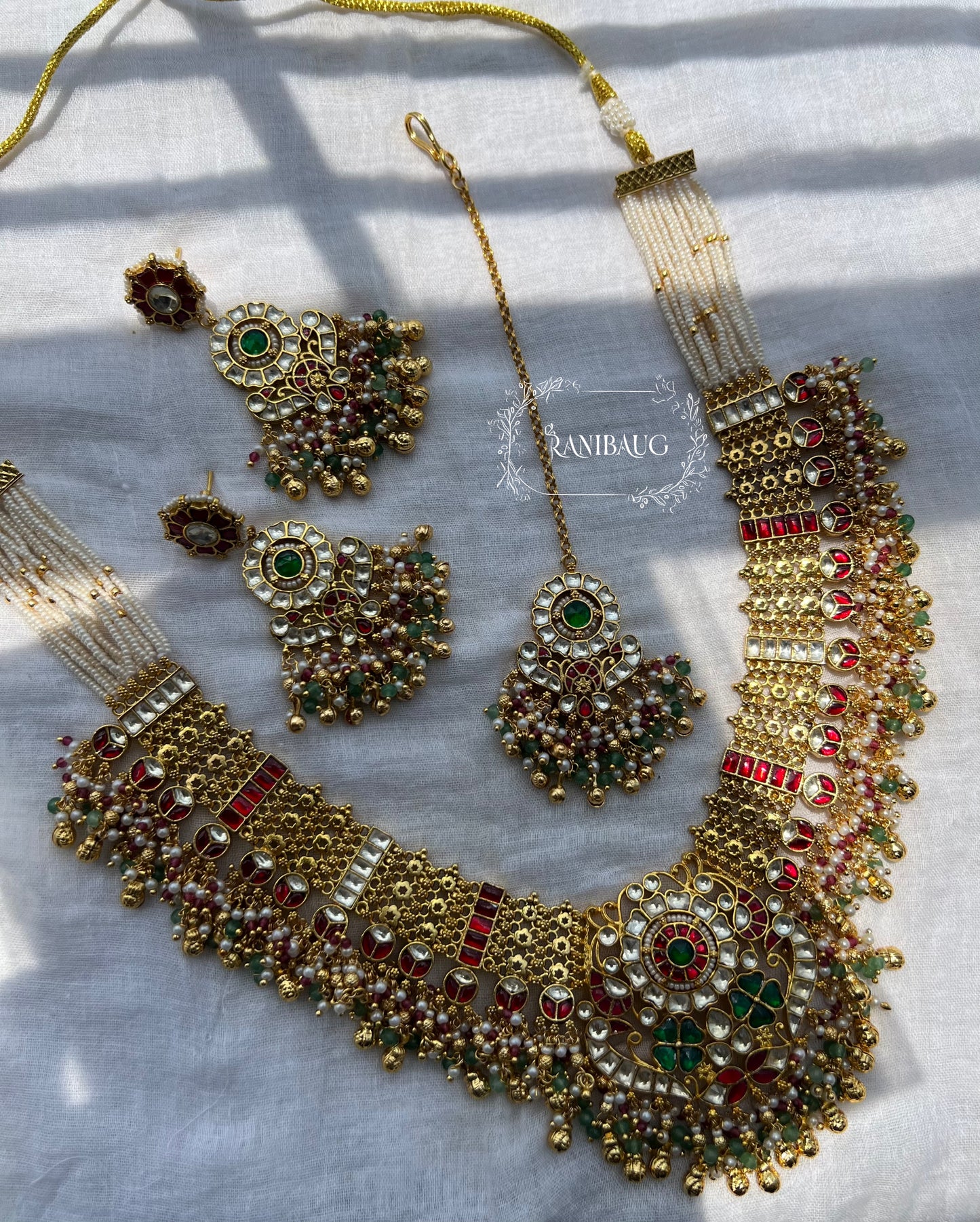 Chitra Floral Motifs Vintage Style Intricate Paachi Kundan Work Beaded Heritage Necklace Set By Ranibaug